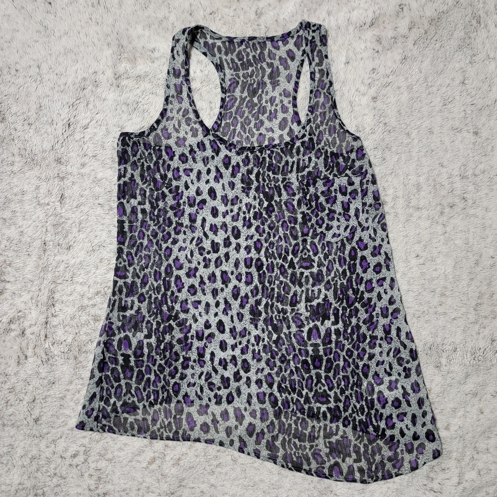 Sheer Purple and Black Leopard Print Tank Top - Medium